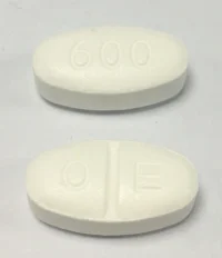 Pill with imprint O E 600, white, oval, 17 mm (Gabapentin 600 mg)