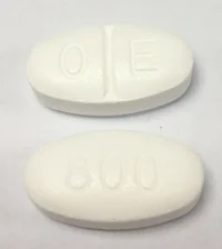 Pill with imprint O E 800, white, oval, 19 mm (Gabapentin 800 mg)