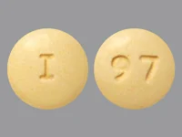 Pill with imprint I 97, yellow, round, 7 mm (Aripiprazole 15 mg)