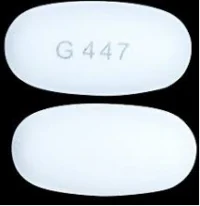 Pill with imprint G447, white, oval, 19 mm (Sevelamer Hydrochloride 800 mg)