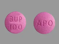 Pill with imprint APO BUP100, purple, round, 12 mm (Bupropion Hydrochloride 100 mg)