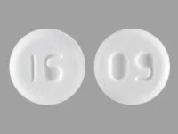 Pill with imprint 16 09, white, round, 5 mm (Baclofen 5 mg)