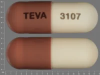 Pill with imprint TEVA 3107, brown, capsule, 18 mm (Amoxicillin 250 mg)