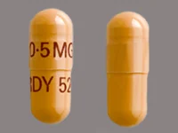 Pill with imprint 0 5MG RDY525, yellow, capsule, 14 mm (Tacrolimus 0.5 mg)