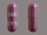 Pill with imprint 5MG RDY527, red, capsule, 14 mm (Tacrolimus 5 mg)