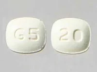 Pill with imprint G5 20, yellow, rectangle, 8 mm (Pravastatin Sodium 20 mg)