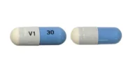 Pill with imprint V1 30, blue & white, capsule, 18 mm (Mexiletine Hydrochloride 150 mg)