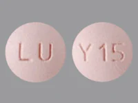 Pill with imprint LU Y15, pink, round, 6 mm (Quetiapine 25 mg)