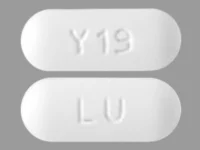 Pill with imprint LU Y19, white, capsule, 19 mm (Quetiapine 300 mg)