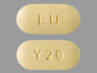 Pill with imprint LU Y20, yellow, capsule, 19 mm (Quetiapine 400 mg)