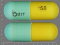 Pill with imprint barr 158, green & yellow, capsule, 14 mm (Chlordiazepoxide Hydrochloride 5 mg)