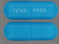 Pill with imprint TEVA 4069, blue, capsule, 22 mm (Prazosin Hydrochloride 5 mg)