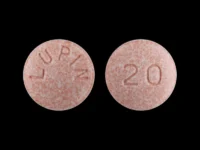 Pill with imprint LUPIN 20, pink, round, 8 mm (Lisinopril 20 mg)