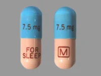 Pill with imprint FOR SLEEP M 7 5 mg, blue & pink, capsule, 16 mm (Temazepam 7.5 mg)