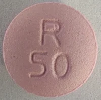 Pill with imprint R50, pink, round, 9 mm (Metoprolol Tartrate 50 mg)