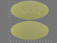 Pill with imprint AN 442, yellow, oval, 13 mm (Meclizine Hydrochloride 25 mg)