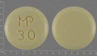 Pill with imprint MP 30, yellow, round, 7 mm (Chlorthalidone 25 mg)