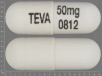 Pill with imprint TEVA 50mg 0812, white, capsule, 19 mm (Nortriptyline Hydrochloride 50 mg)