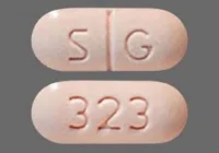Pill with imprint SG 323, pink, oval, 19 mm (Metaxalone 800 mg)
