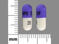 Pill with imprint APO ZIP 20, purple & white, capsule, 14 mm (Ziprasidone HCl 20 mg)