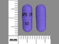 Pill with imprint APO ZIP 40, purple, capsule, 16 mm (Ziprasidone HCl 40 mg)