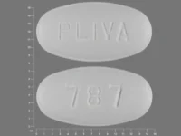 Pill with imprint PLIVA 787, white, oval, 15 mm (Azithromycin 250 mg)