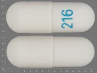 Pill with imprint 216, white, capsule, 14 mm (Gabapentin 100 mg)