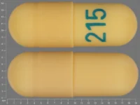 Pill with imprint 215, yellow, capsule, 19 mm (Gabapentin 300 mg)