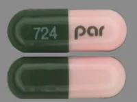 Pill with imprint 724 par, green & pink, capsule, 19 mm (Hydroxyurea 500 mg)