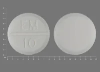 Pill with imprint EM 10, white, round, 8 mm (Methimazole 10 mg)