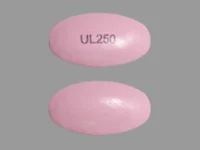 Pill with imprint UL 250, pink, oval, 14 mm (Divalproex Sodium 250 mg)