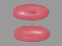 Pill with imprint UL 500, pink, oval, 19 mm (Divalproex Sodium 500 mg)