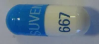 Pill with imprint Suven 667, blue & white, capsule, 22 mm (Calcium Acetate 667 mg)