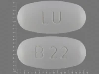 Pill with imprint LU B22, white, oval, 18 mm (Fenofibrate 145 mg)