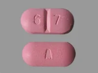 Pill with imprint A 6 7, pink, oval, 21 mm (Amoxicillin 875 mg)