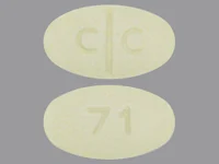 Pill with imprint C C 71, yellow, oval, 17 mm (Clozapine 200 mg)