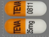 Pill with imprint TEVA TEVA 25mg 0811, orange & white, capsule, 14 mm (Nortriptyline Hydrochloride 25 mg)