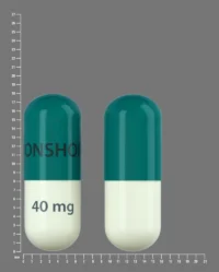 Pill with imprint IRONSHORE 40mg, green & yellow, capsule, 18 mm (Methylphenidate Hydrochloride 40 mg)