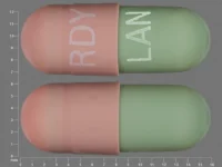 Pill with imprint RDY LAN, green & pink, capsule, 16 mm (Lansoprazole 15 mg)