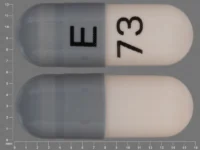 Pill with imprint E 73, gray & orange, capsule, 16 mm (Venlafaxine Hydrochloride 37.5 mg)