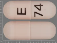 Pill with imprint E 74, orange, capsule, 19 mm (Venlafaxine Hydrochloride 75 mg)