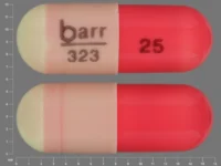 Pill with imprint barr 323 25, pink & yellow, capsule, 16 mm (Hydroxyzine Pamoate 25 mg)