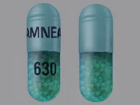 Pill with imprint AMNEAL 630, blue, capsule, 22 mm (Itraconazole 100 mg)