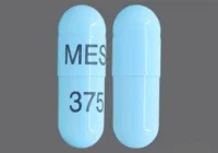 Pill with imprint MES 375, blue, capsule, 24 mm (Mesalamine 0.375 g)