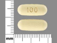 Pill with imprint 100, yellow, oval, 17 mm (Posaconazole 100 mg)
