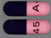 Pill with imprint A45, blue & pink, capsule, 23 mm (Amoxicillin 500 mg)