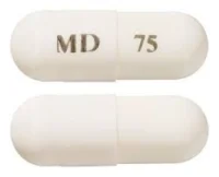 Pill with imprint MD 75, white, capsule, 18 mm (Dabigatran Etexilate 75 mg)