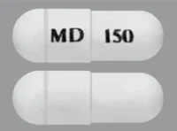 Pill with imprint MD 150, white, capsule, 22 mm (Dabigatran Etexilate 150 mg)