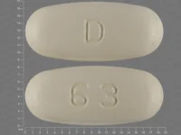 Pill with imprint D 63, yellow, oval, 18 mm (Clarithromycin 500 mg)