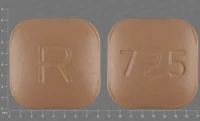 Pill with imprint R 725, brown, square, 4 mm (Montelukast Sodium 10 mg)